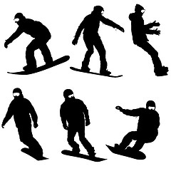 Image showing Set black silhouettes snowboarders on white background. illustration
