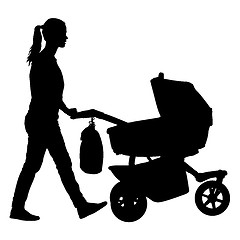 Image showing Black silhouettes Family with pram on white background. illustration