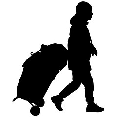 Image showing Black silhouettes travelers with suitcases on white background.