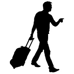 Image showing Black silhouettes travelers with suitcases on white background.