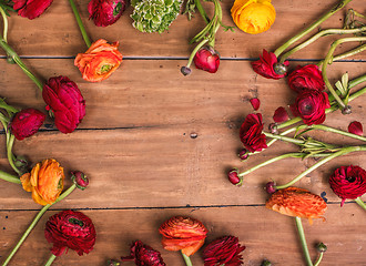 Image showing Ranunkulyus bouquet of red flowers on a wooden background