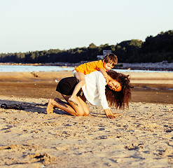 Image showing pretty diverse nation and age friends on sea coast having fun, lifestyle people concept on beach vacations 