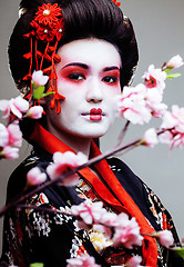 Image showing young pretty geisha in black kimono among sakura, asian ethno 