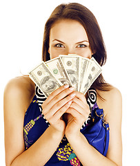 Image showing pretty young brunette real modern woman with money cash isolated on white background happy smiling, lifestyle people concept