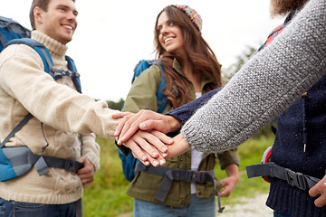 Image showing group of happy friends with backpacks hiking