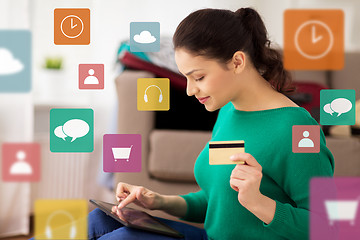 Image showing woman with tablet pc and credit card at home