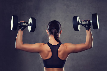 Image showing young woman flexing muscles with dumbbells in gym