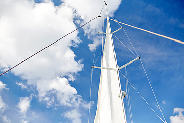Image showing white sail on mast of boat over blue sky