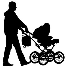 Image showing Black silhouettes father with pram on white background. illustration