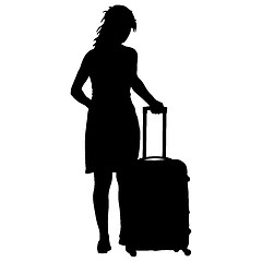 Image showing Black silhouettes travelers with suitcases on white background.