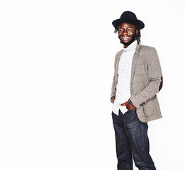 Image showing young handsome afro american boy in stylish hipster hat gesturin