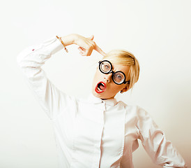 Image showing bookworm, cute young blond woman in glasses, blond hair, teenage