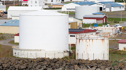 Image showing AKRANES, ICELAND - July 27, 2016: White gas storage tank in the 