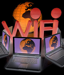 Image showing Global concept of  WiFi connectivity between laptops. 3d render