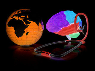 Image showing stethoscope, globe, brain - global medical concept. 3d illustrat