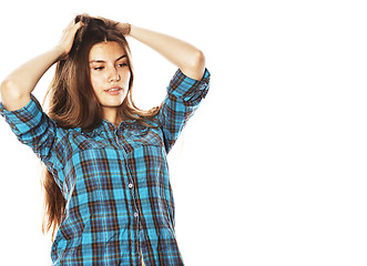 Image showing young pretty woman posing on white background isolated emotional