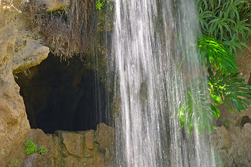 Image showing Cave, waterfall and aquatic plant in Parque Genoves, Cadiz, Andalusia, Spain