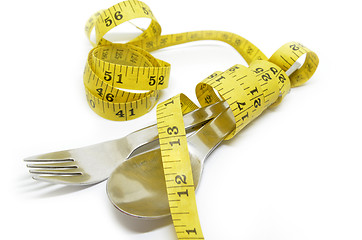 Image showing Steel spoon, fork and measuring tape