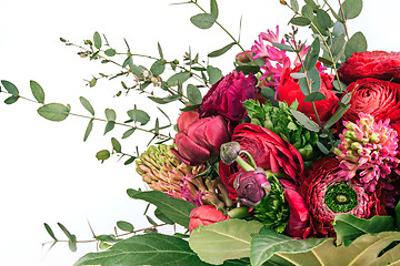 Image showing Ranunkulyus bouquet of red flowers on a white background