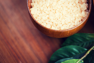 Image showing close up of himalayan pink salt in wooden bowl 