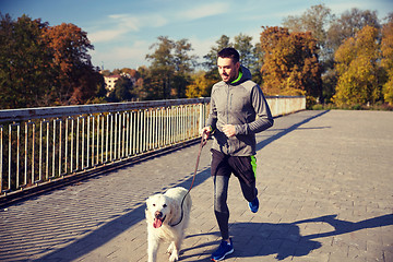 Image showing happy man with labrador dog running outdoors