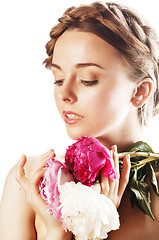 Image showing young beauty woman with flower peony pink closeup makeup soft te