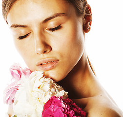 Image showing young beauty woman with flower peony pink closeup makeup soft te