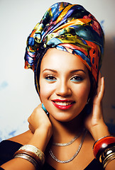 Image showing beauty bright african woman with creative make up, shawl on head