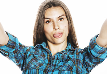 Image showing cute teenage girls making selfie isolated