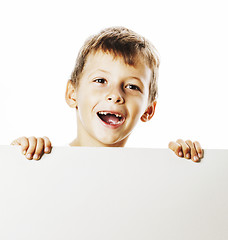 Image showing little cute boy holding empty shit to copyspace isolated close u