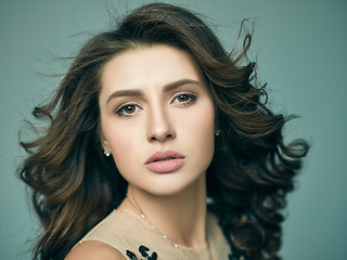 Image showing Pretty girl with long hair posing at studio