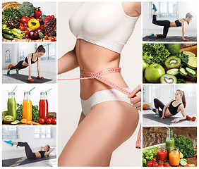 Image showing Young healthy woman with vegetables. Collage