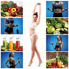 Image showing Young healthy woman with vegetables. Collage