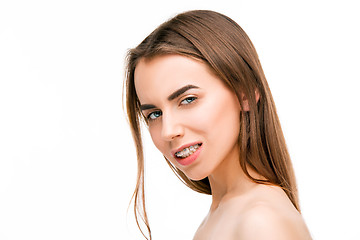 Image showing Beautiful young woman with teeth braces