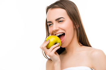 Image showing Beautiful young woman with teeth braces