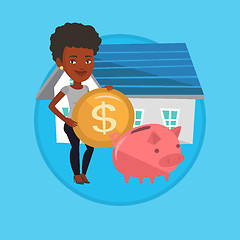 Image showing Woman puts money into piggy bank for buying house.