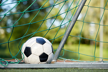 Image showing soccer ball at goal net on football field