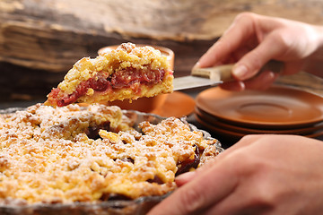 Image showing Cake with plums. Homemade pastries.