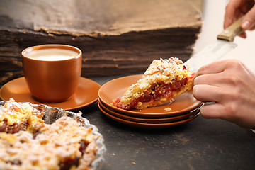 Image showing Cake with plums. Homemade pastries. Homemade cake with fruit.