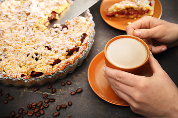 Image showing Cake with plums. Homemade pastries.