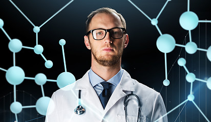 Image showing close up of doctor in white coat with stethoscope