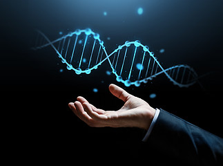 Image showing close up of businessman hand with dna molecule