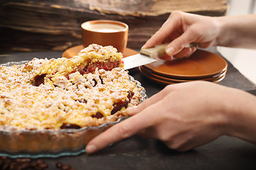 Image showing Homemade cake with fruit. Coffee and cake. Homemade cake