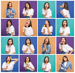 Image showing young woman with the colorful lollipop at studio