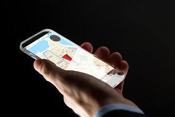 Image showing close up of hand with gps map on smartphone