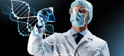 Image showing scientist in mask holding flask with chemical
