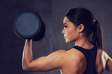 Image showing young woman flexing muscles with dumbbells in gym