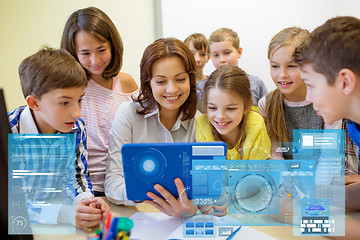 Image showing group of kids with teacher and tablet pc at school