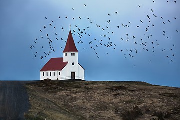 Image showing Church and flock of birds