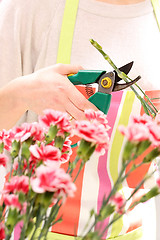 Image showing Laying flowerscourse of floristic. Cutting the flower stems. Trim the stems of flowers